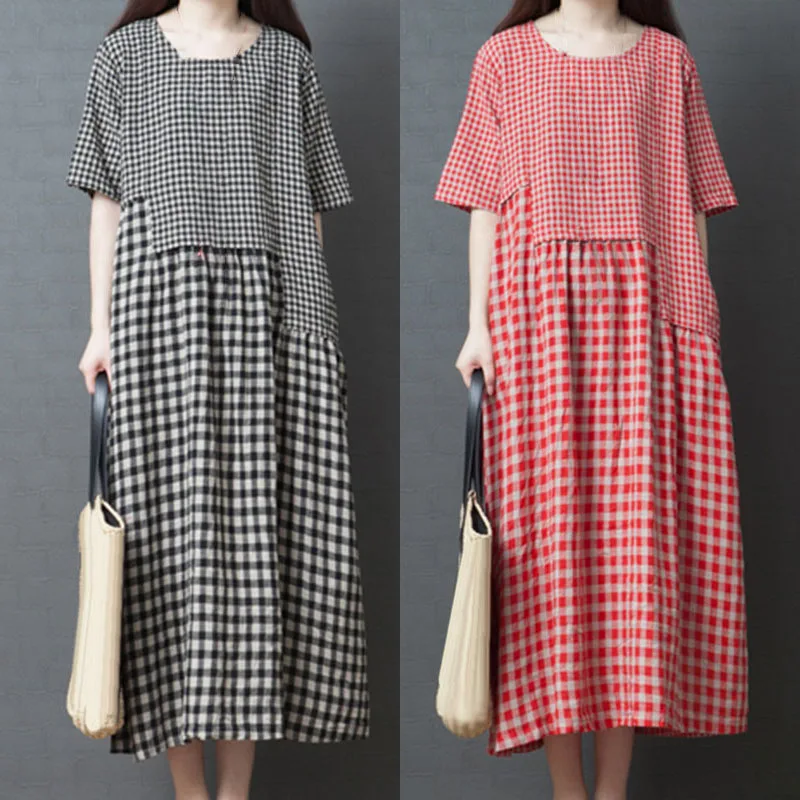 Женские свободные плюс размер удобные нерегулярные строчки плед длинное платье |