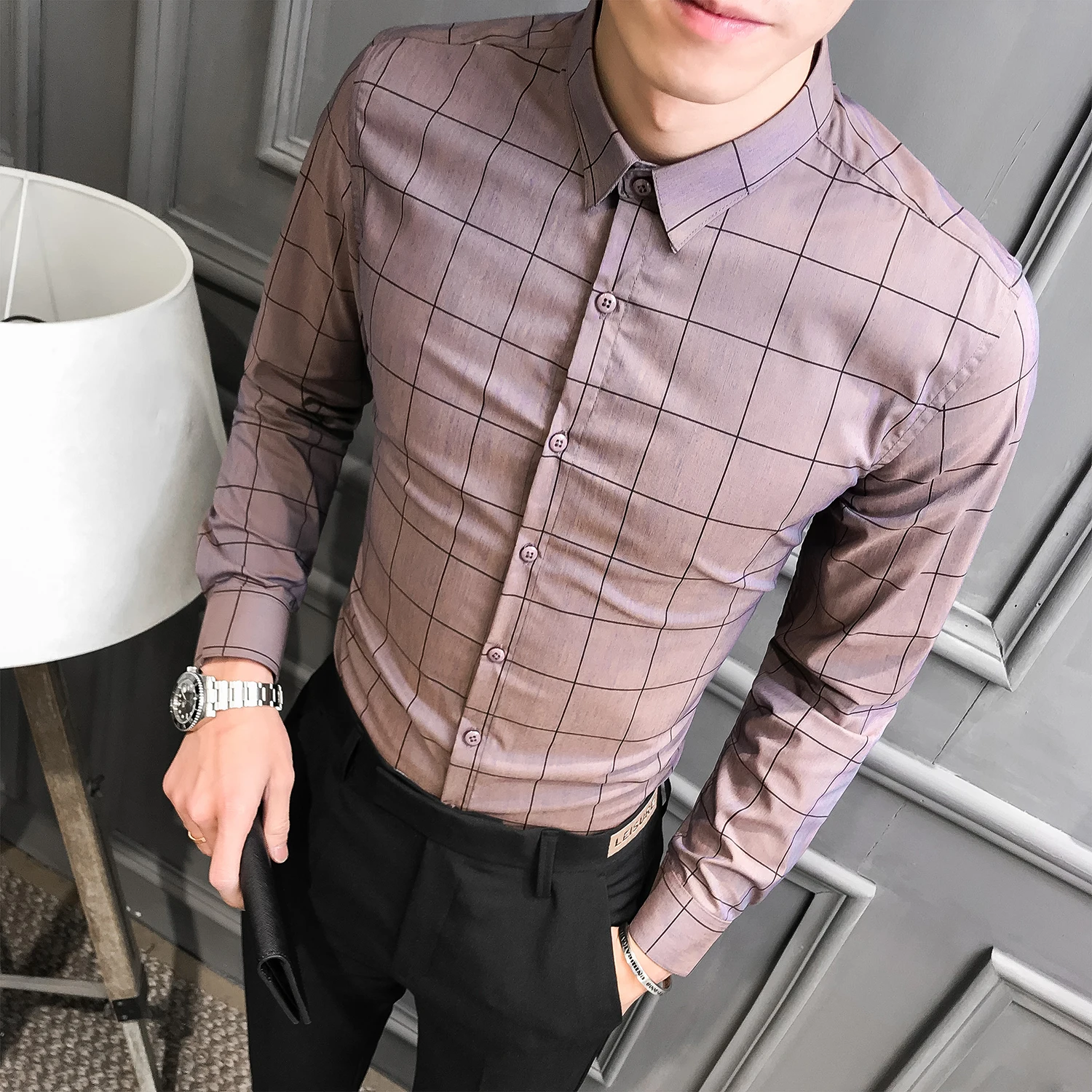 Рубашка мужская деловая Повседневная роскошная классическая в крупную клетку с