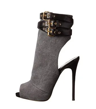 

New Fashion Gray Black Suede Triple-strap Booties Spring Autumn Peep Toe Side Zipper Ankle Boots Hollow Out High Thin Heels