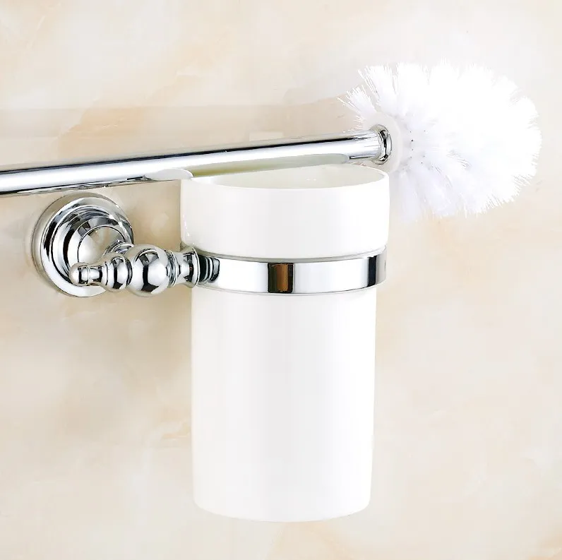 Wall Mounted Polished Chrome Brass Bathroom Toilet Brush Holder Set Bathroom Accessory Single Ceramic Cup mba906 polished chrome brass square wall mounted bathroom toilet paper roll basket holder shelf bathroom accessory mba535