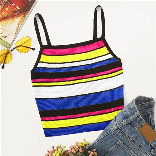 Multicolor SweatyRocks/женский трикотажный топ в радужную полоску, лето, уличная одежда, Стрейчевые женские короткие топы в стиле бохо, облегающие разноцветные сексуальные майки - Цвет: Multicolor