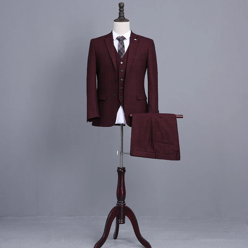 Мужские свадебные костюмы из 3 предметов темно синие твидовые смокинги бордового