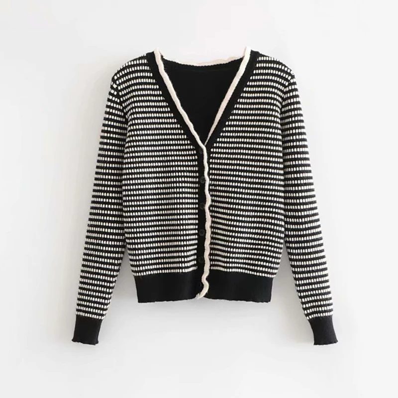 Полосатый оборками Для женщин кардиганы вязаные свитера 2018 осень-зима Топы с