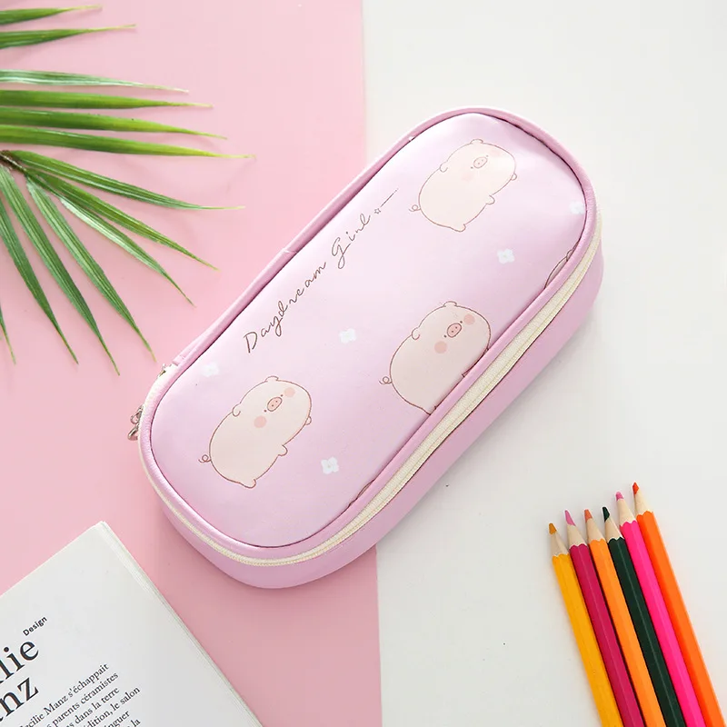 Розовый Kawaii Porket Карандаш Чехол с мультипликационным принтом из искусственной кожи Большие Ёмкость пенал для карандашей Карандаш Чехол студентческой ручки сумка, школьные принадлежности канцелярские товары - Цвет: Розовый