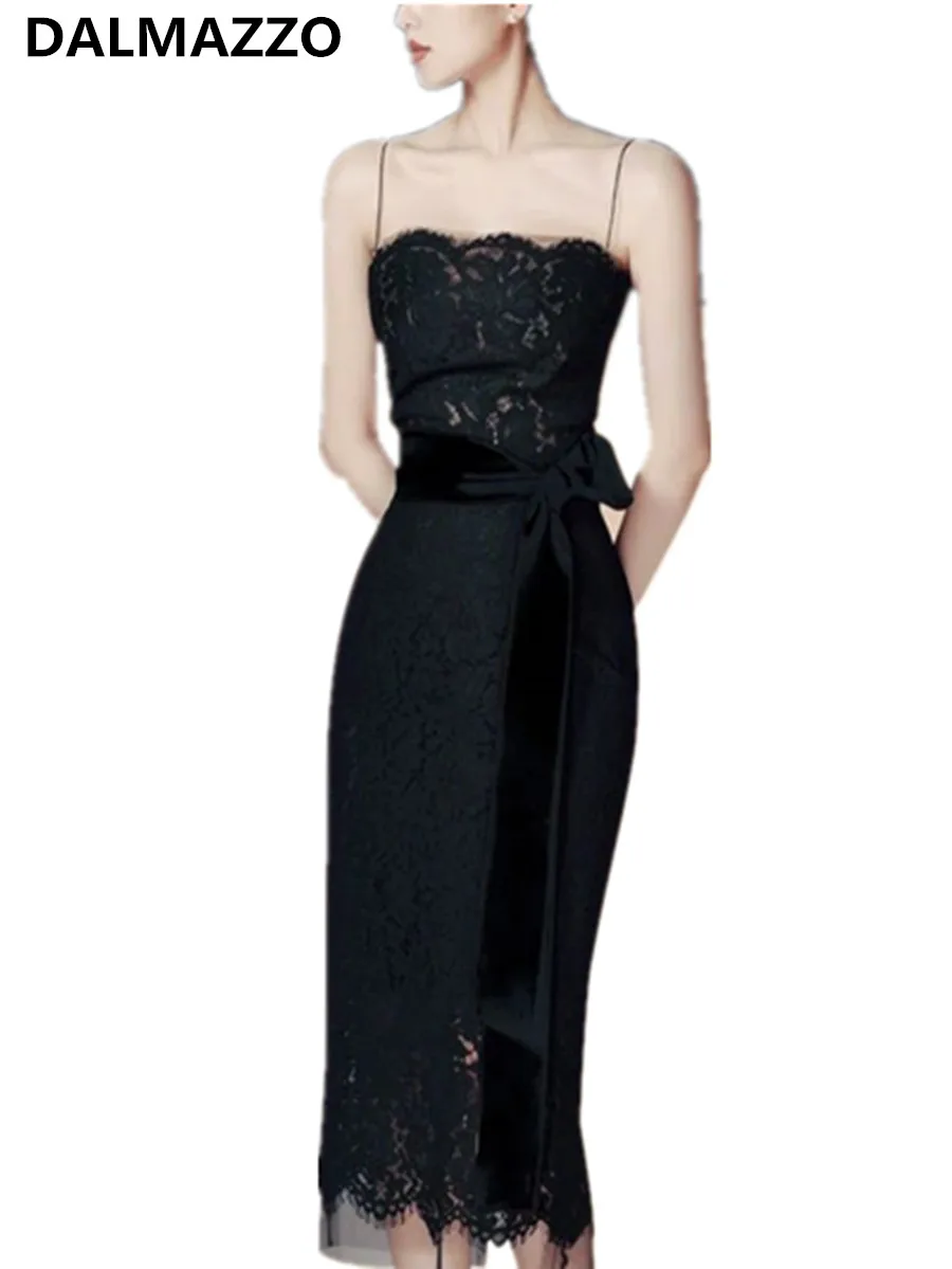 

Женское винтажное кружевное платье, черное облегающее длинное платье без рукавов, модельное дизайнерское платье на бретелях-спагетти, лето 2023