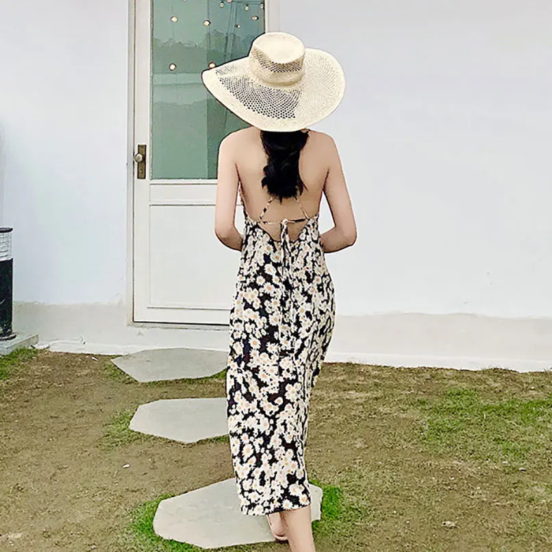 2019 Summer Women Sunflower Boho Chic Holiday Beach Dress Ladies Slip Backless Dresses | Женская одежда