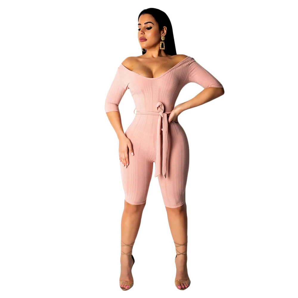 С открытыми плечами сексуальный короткий комбинезон женский пояс Bodycon половина