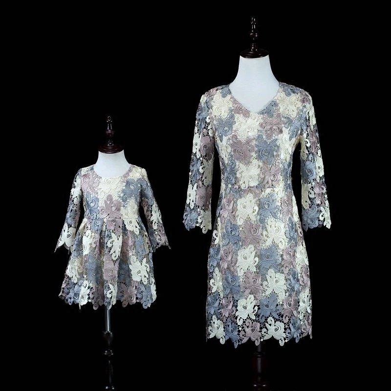 Брендовое кружевное платье подружки невесты для мамы и маленькой девочки