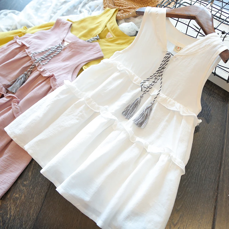 Baby Girl Sleeveless Vest Dress Children Summer Cotton Linen Cake Kids Vintage Loose Tassel Design Dresses for Casual | Детская одежда