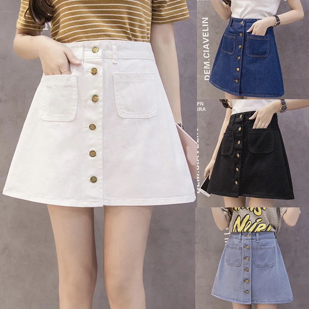 Fashion Women Leisure Denim A-Shaped Skirt Loose Button Pocket Short Skirt