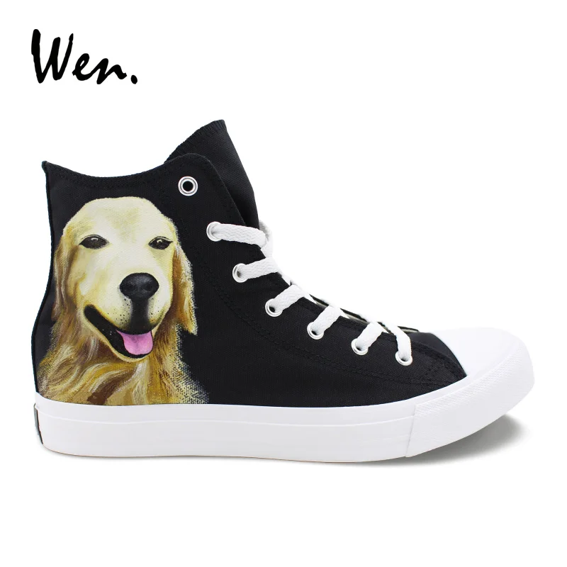 

Wen Custom Hand Painted Shoes Golden Retriever Pet Dog Personalized Canvas Sneakers High Help Unisex Plimsolls Laced Flats