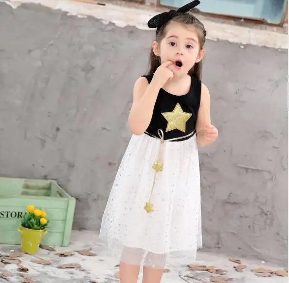 Summer shining gold silver pentacle star lacing mesh sleeveless vest baby girls princess chiffon dress kid children | Детская одежда и