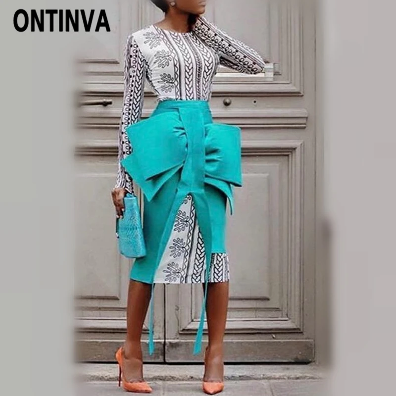 Женский комплект из 2 предметов платье с принтом и юбка карандаш большим бантом