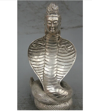 

8" Tibet Tibetan Buddhism Silver Snake Naga Kanya Mother Kwan-yin Goddess Statue decoration bronze factory outlets