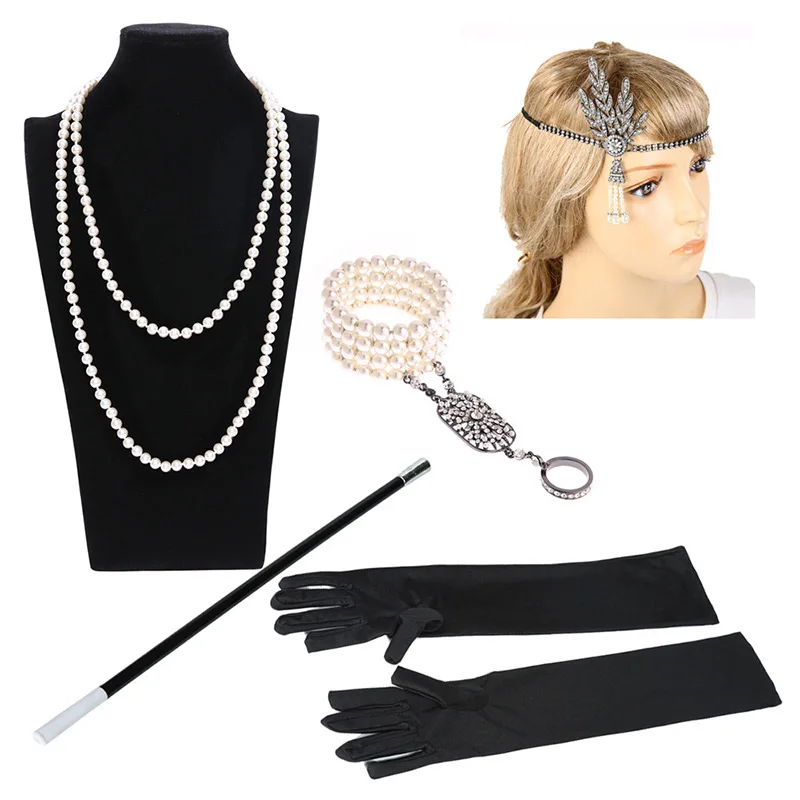 Набор аксессуаров 1920s женский головной убор браслет ожерелье перчатки и сигареты