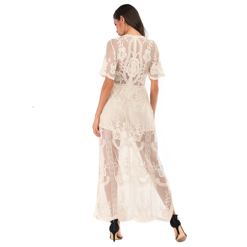 SESOAF Women Sexy Short Sleeve Long Dress Deep V-Neck Lace Romper Hot Selling On Amazon Maxi Party Wedding Vestido | Женская одежда