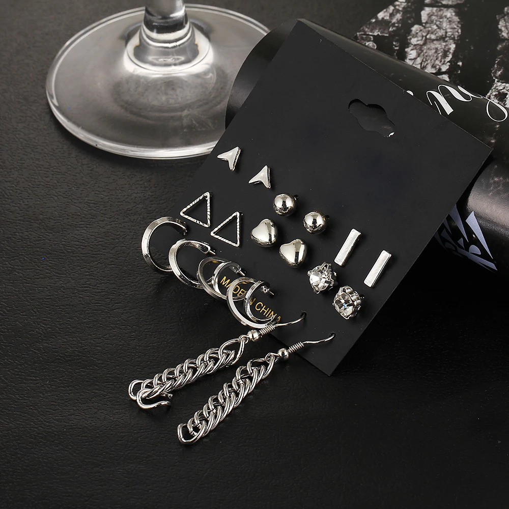 9 шт./компл. серьги гвоздики с кристаллами в форме сердца золотого цвета