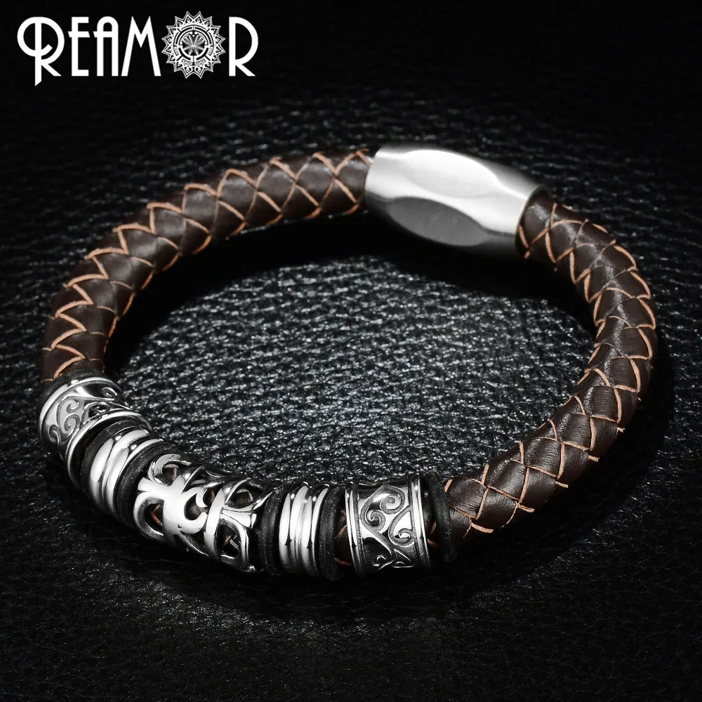 Мужской браслет из нержавеющей стали REAMOR натуральной кожи 316L пряжка с магнитом|men