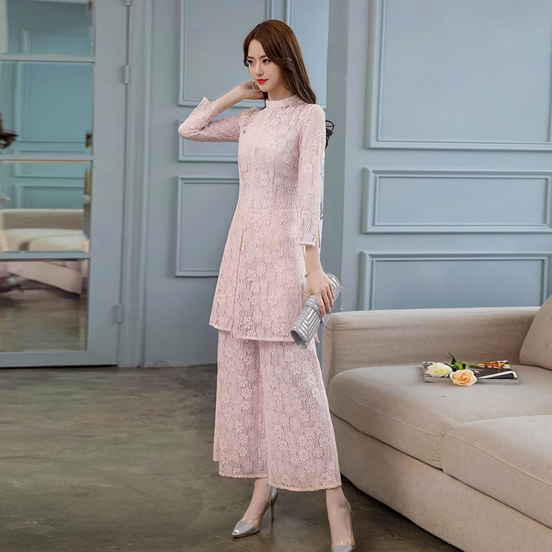 Женский элегантный костюм RG из кружевных брюк длинное пальто с длинным рукавом