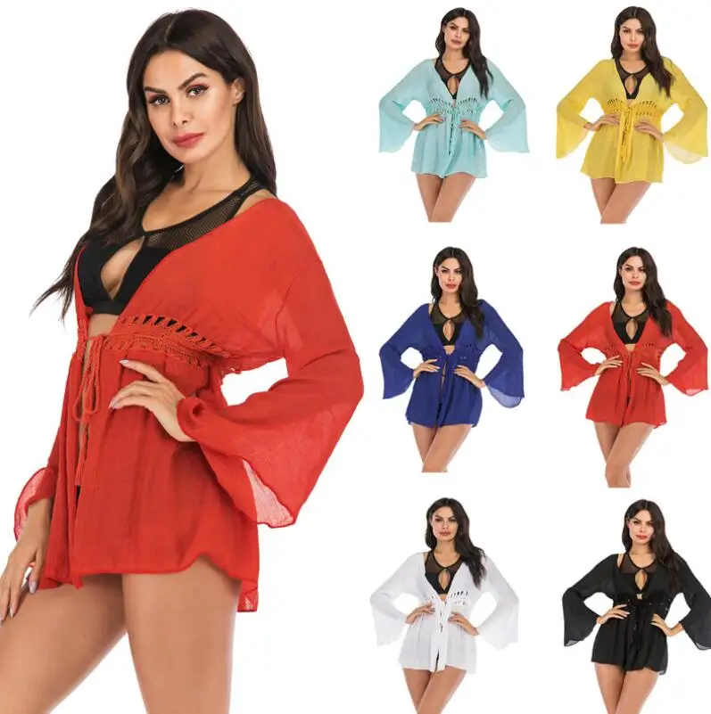 Летнее парео Пляжная накидка женские туники для пляжа длинный рукав v образный