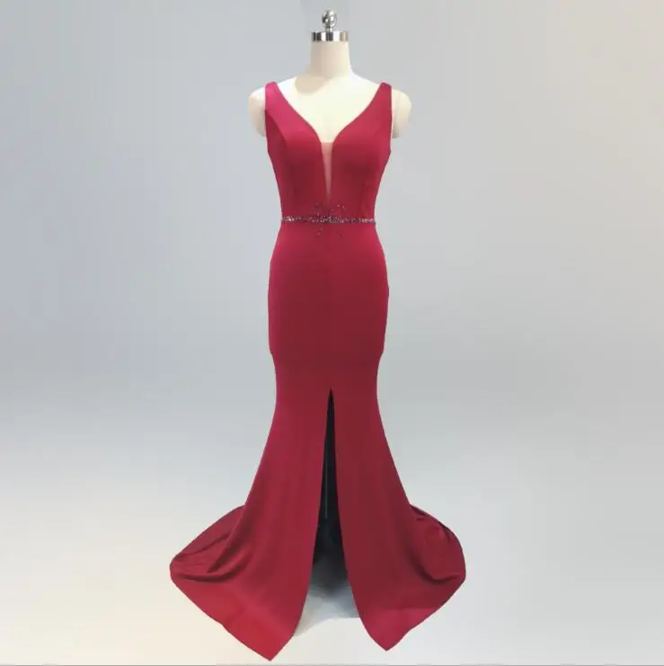 wine red Элегантное бисерное вечернее платье с поясом с красным разрезом, торжественное платье из эластичной ткани, платье для выпускного вечера, сексуальные платья для выпускного вечера, vestido de festa - Цвет: wine red