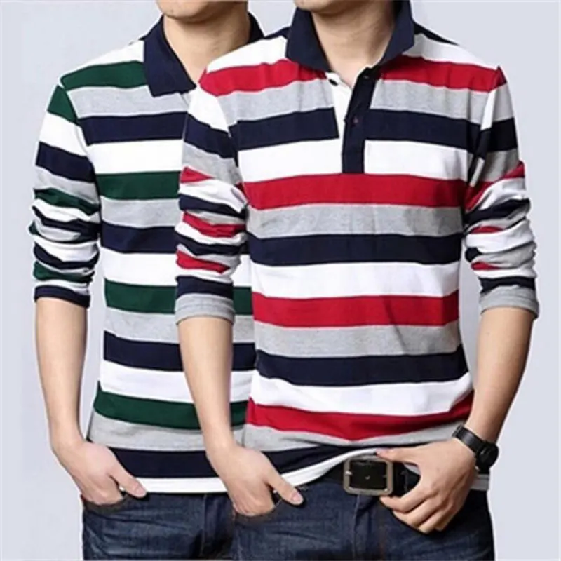 Мужчины Полоску Рубашка-Поло С Длинным Рукавом Тонкий Азиатский Размер 100 Хлопок