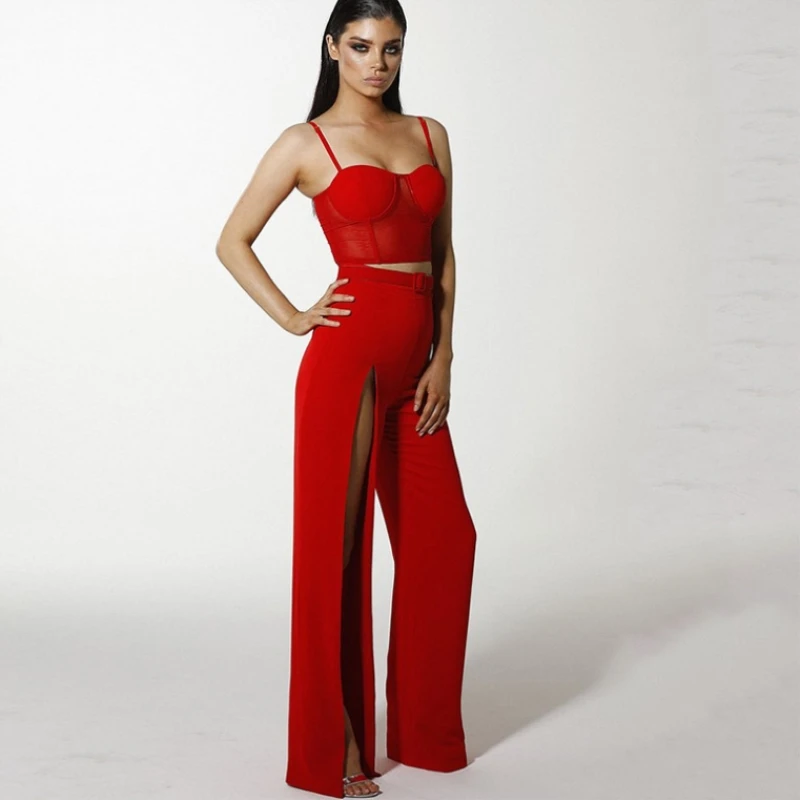 Без рукавов Красный Свободный Летний комбинезон Для женщин сексуальная спагетти