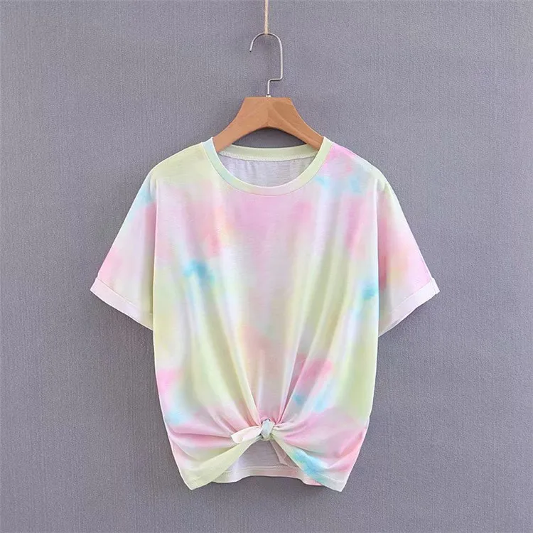 2019 European and American street fashion summer new women's round neck short-sleeved loose thin front tie knot dyed T-shirt | Женская