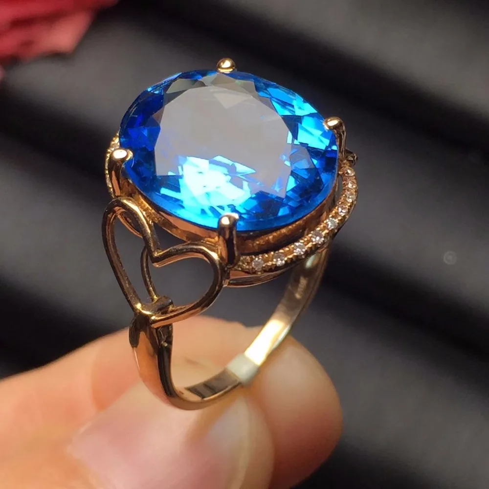 Fine Jewelry Trendy Real 18K Rose Gold AU750 100% Natural Blue Topaz Gemstones Female Rings for Women Ring | Украшения и