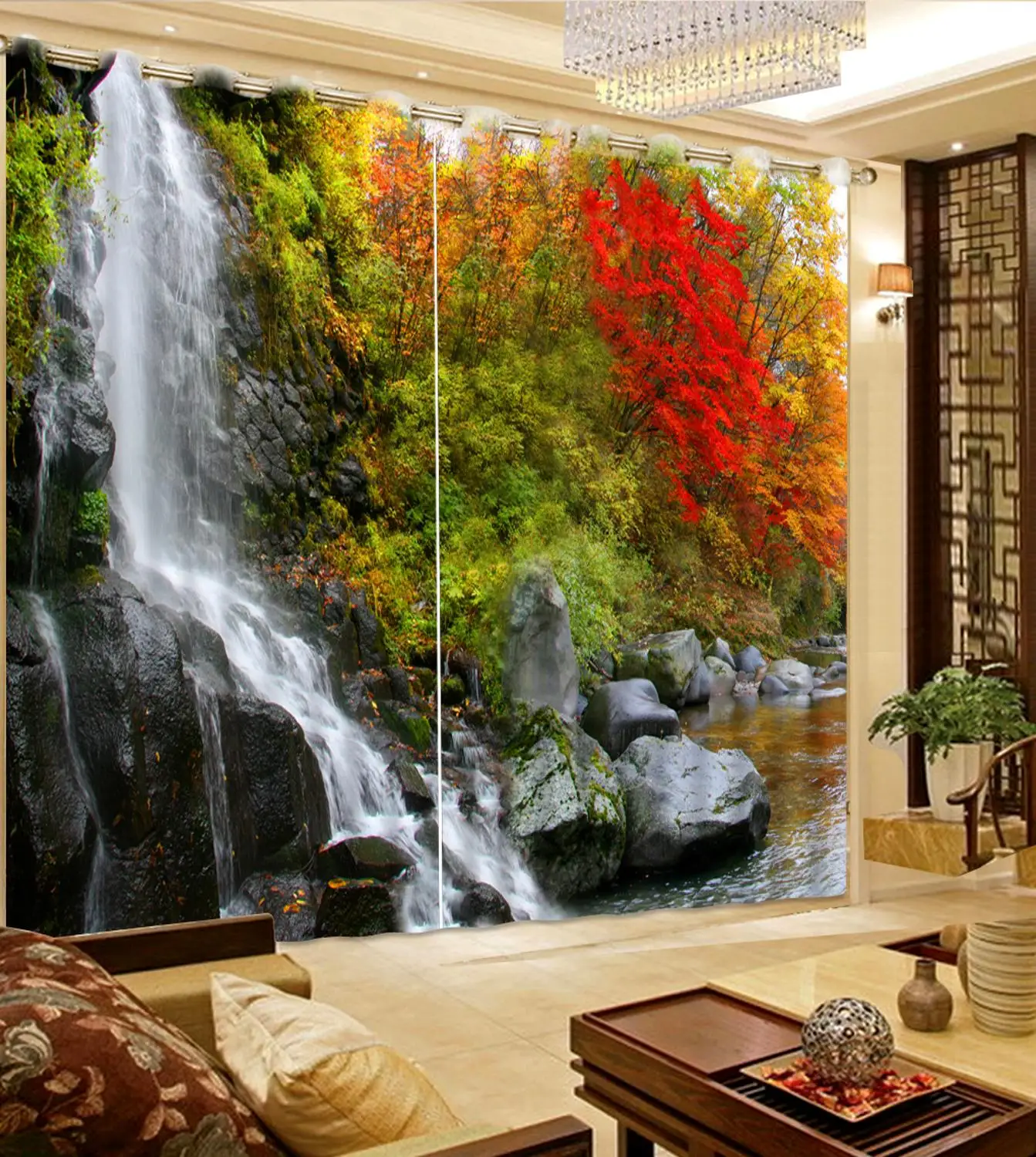 

Living room bedroom home decoration Waterfall scenery home and garden top seller 3D curtains
