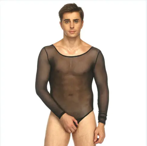 Мужская Прозрачная Футболка с длинным рукавом черная сетка o образным вырезом