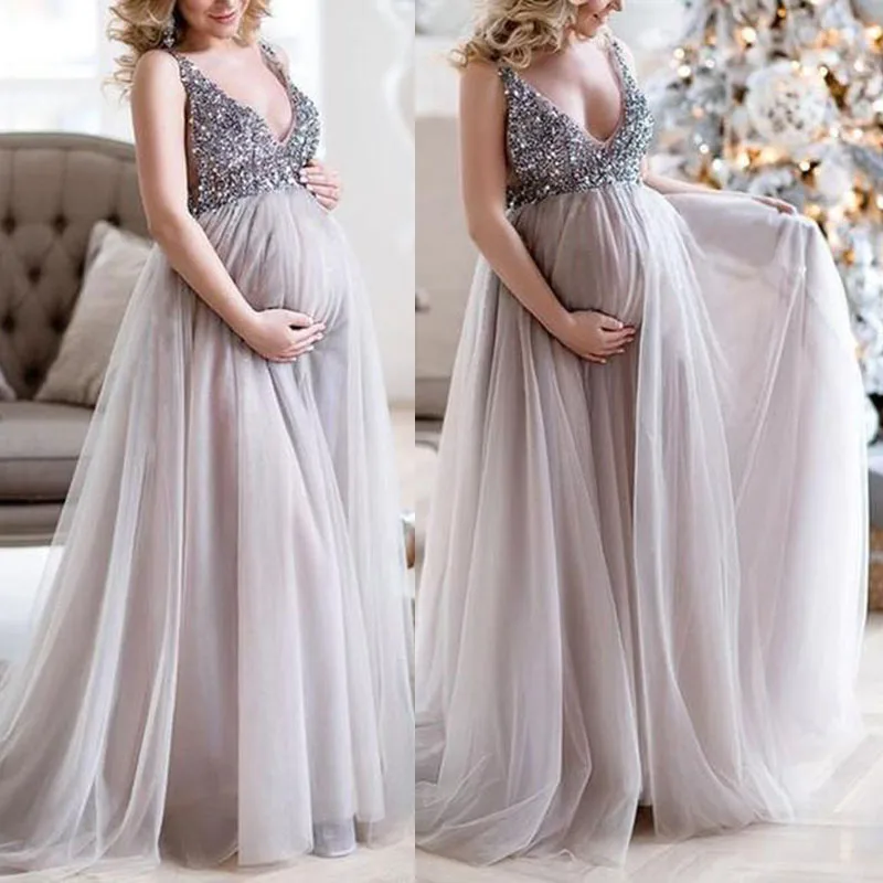 Women's Pregnant Maternity Long Maxi Dress Chiffon Sleeveless Glitters Evening | Женская одежда