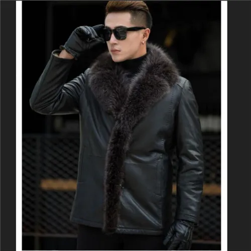 Black long M-5XL, новинка, зимняя мужская куртка из овечьей кожи, пальто из натуральной кожи, утолщенный меховой воротник с животным принтом, jaqueta masculino, большие размеры - Цвет: Black long