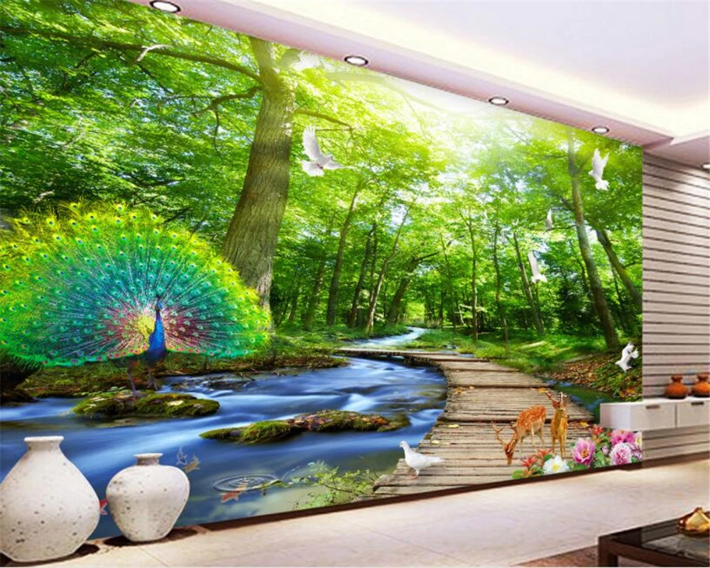 

beibehang Custom 3d wallpaper nature forest water deer wooden bridge landscape art mural bedroom corridor photo 3d wallpaper