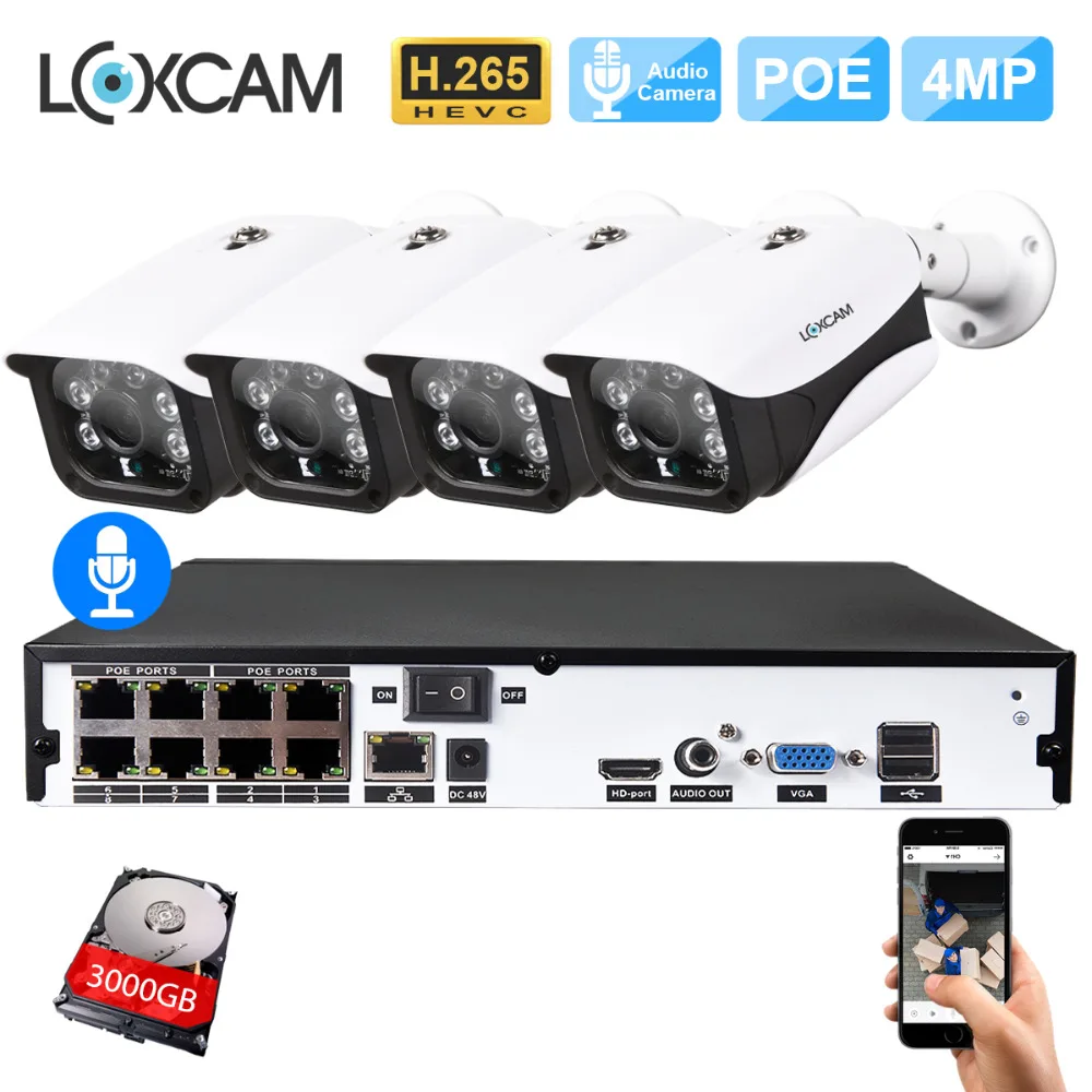48 V H.265 8CH 4MP POE NVR CCTV видеонаблюдение Системы 4X4 Мп IP66 безопасности