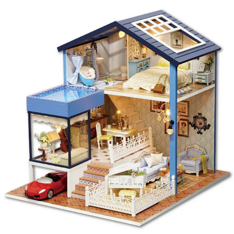 New KiWarm Fashion Wooden Assembled Cottage Dollhouse Miniature With Furniture LED Light Home Room Set Gift DIY Ornament | Игрушки и
