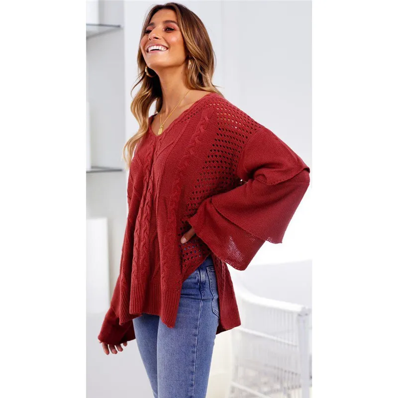 Womens V Neck Top Oversize hollow out Mesh Knitted Sweater Elegant layers Long sleeve pull femme truien dames Fashion Streetwear | Женская