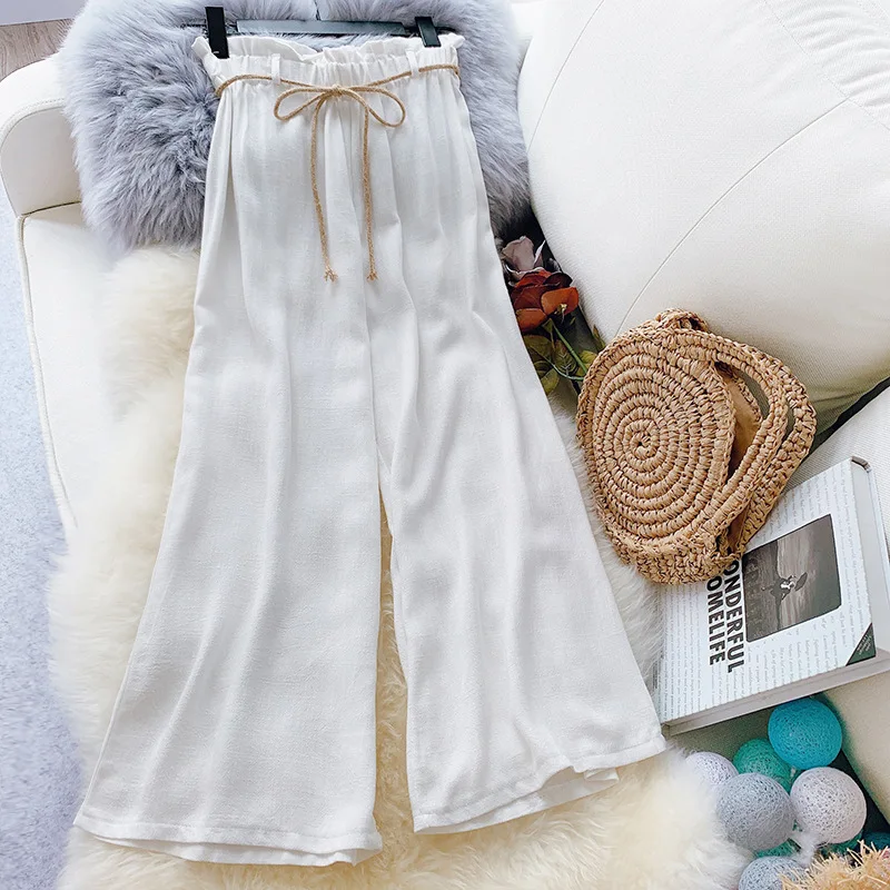 Винтажные свободные льняные женские брюки с высокой талией 2019 одноцветные