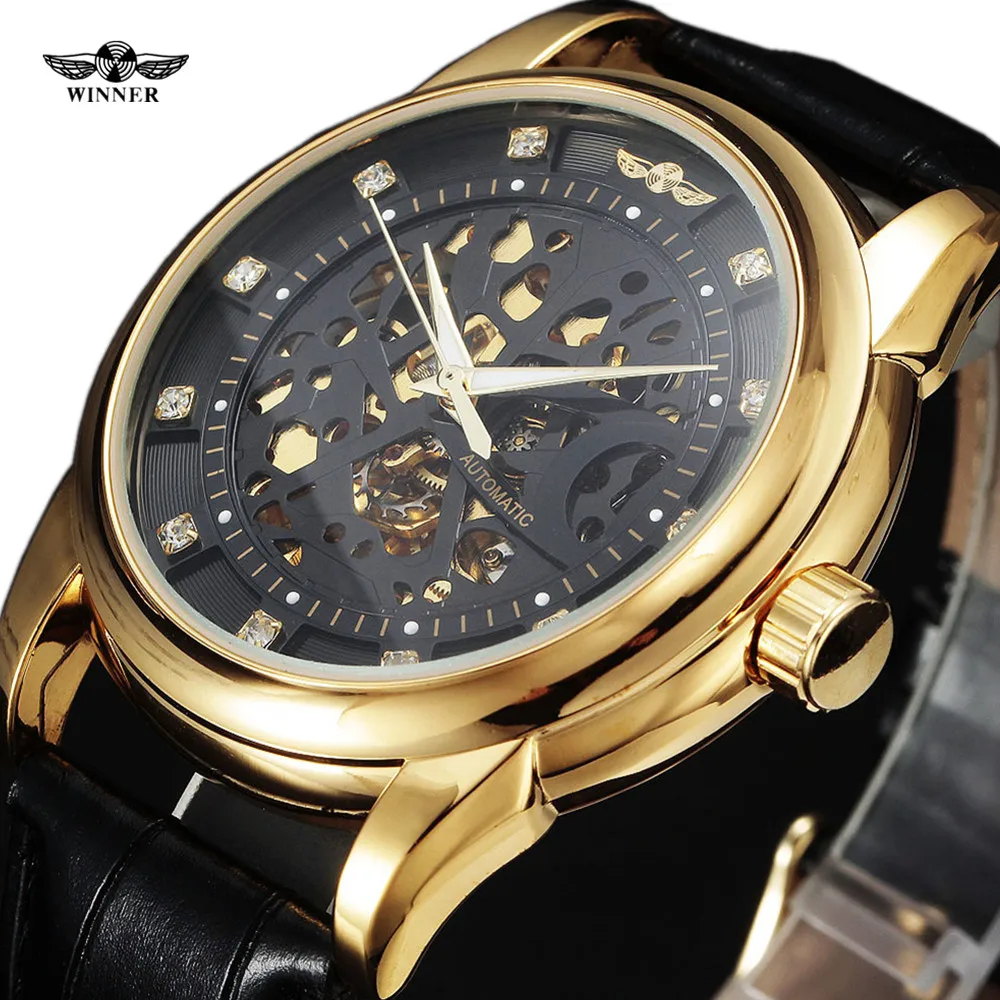 

Winner Royal Diamond Design Black Gold Watch Montre Homme Mens Watches Top Brand Luxury Relogio Male Skeleton Mechanical Watch