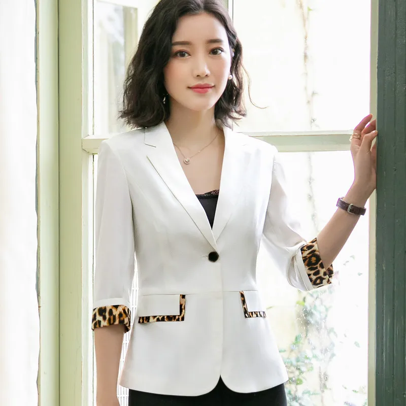 White blazer Модный Леопардовый лоскутный блейзер для женщин, лето, официальный пиджак с рукавом до локтя, офисный женский пиджак размера плюс, повседневное пальто - Цвет: White blazer