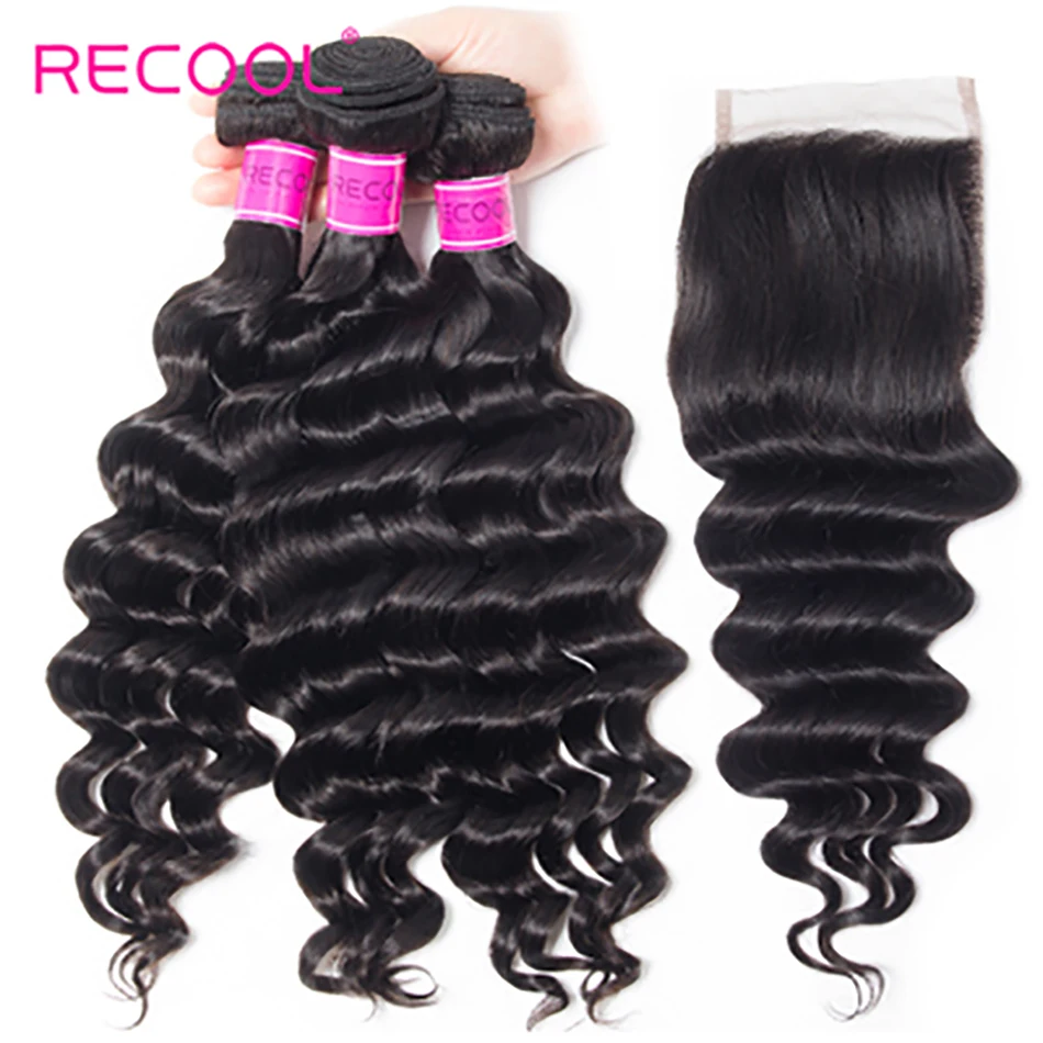 Recool волосы свободные глубокая волна пряди с закрытием бразильские человеческие