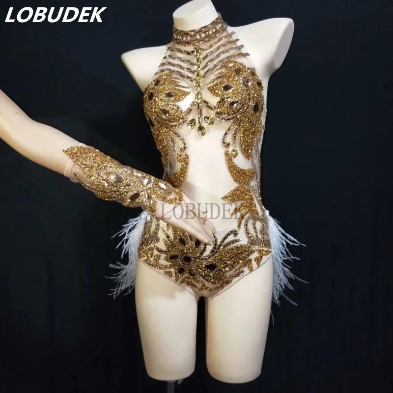 Sparkly Gold Rhinestones With Feathers Backless Bodysuit Sexy Nightclub Women Dancer See-through Dance Costume DJ Singer Show