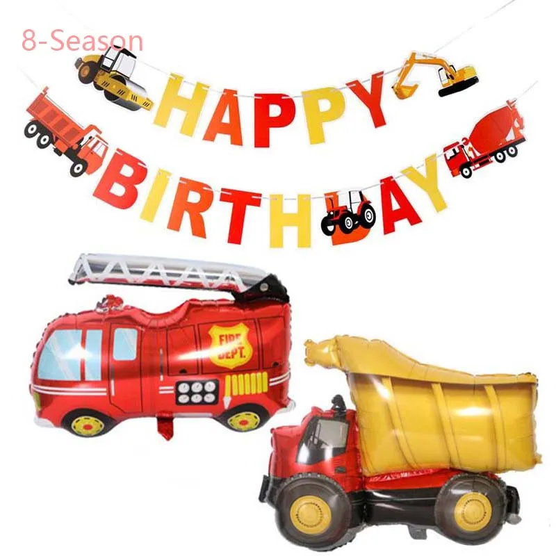 

8-Season Construction Vehicle Happy Birthday Banner Cartoon Car Balloons Supplies Baby Boy Toddler Kids Birthday Truck Decor