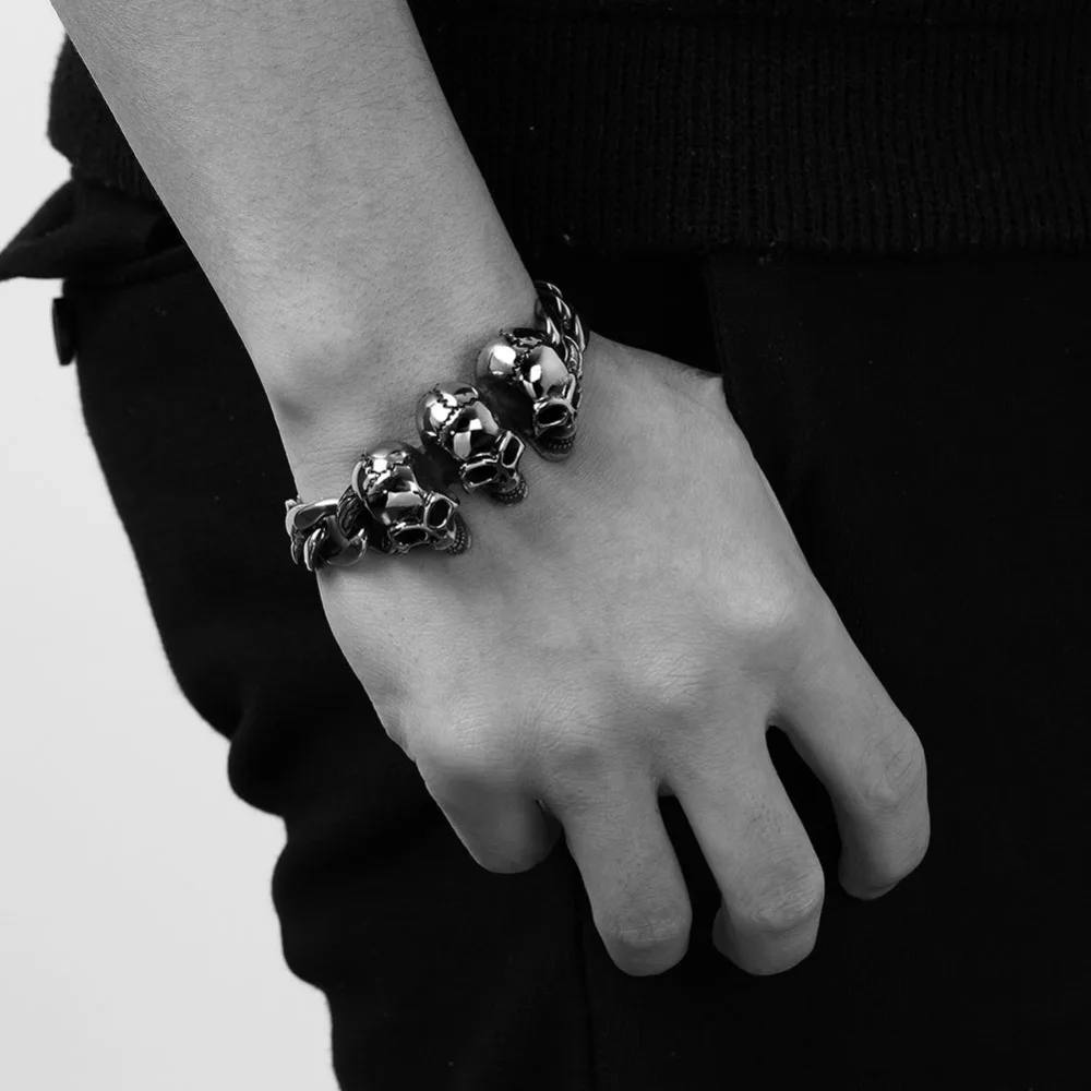Мужская нержавеющая сталь Три черепа голова готический браслет Мода Панк звено