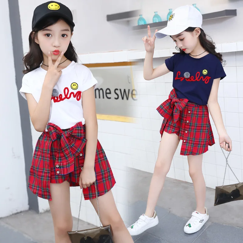 

Хит продаж, детский костюм одежды для девочек 2023, летние детские комплекты, модные детские клетчатые комплекты с юбкой и круглым вырезом и н...