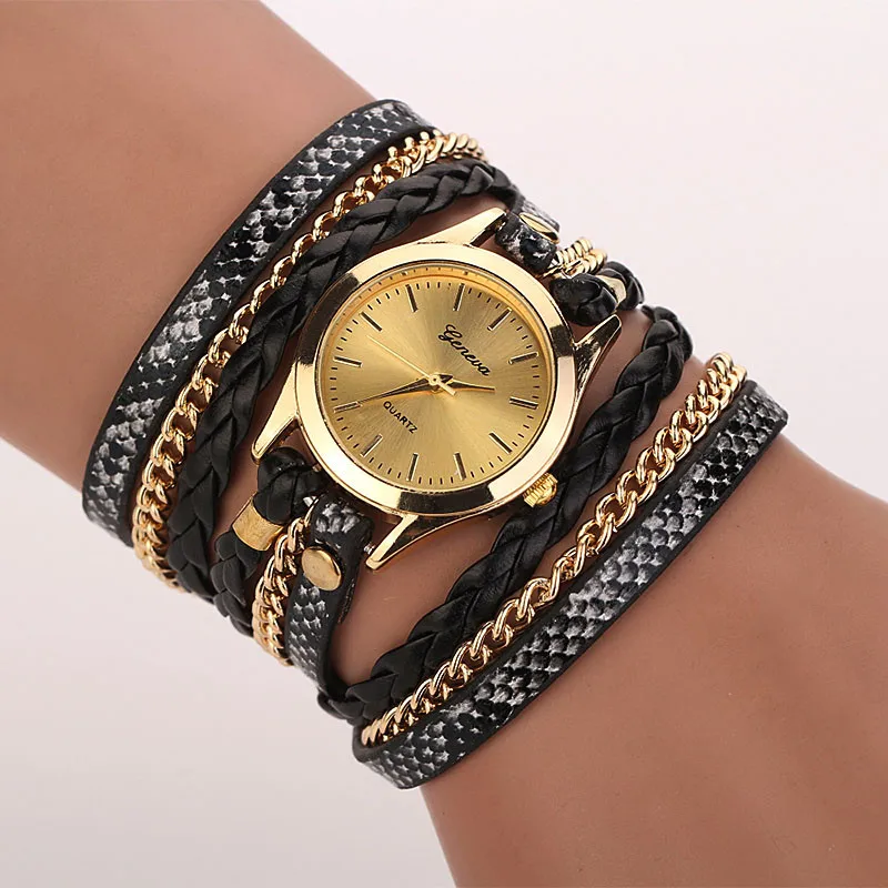 Черный Relojes Mujer,, кожаный плетеный браслет, часы, женская мода, Леопардовый ремешок, кварцевые наручные часы, часы, Relogio Feminino - Цвет: Черный