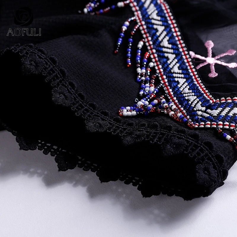 Size-S Ethnic Style Tassel Embroidery Black Dress Brand Sexy Summer See-Through Shoulder Short Sleeve Party Dresses B3879 | Женская