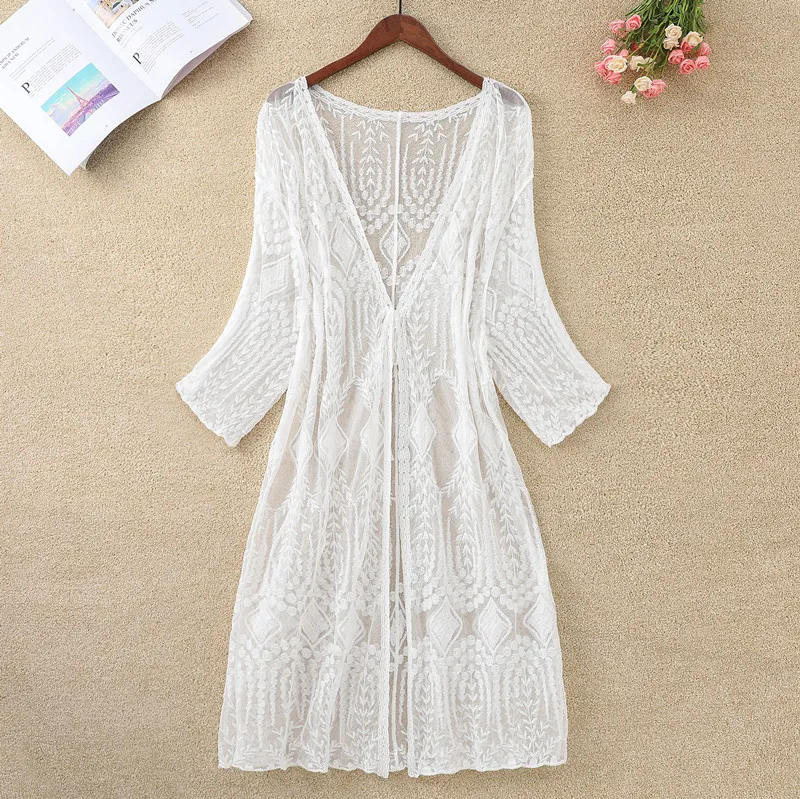 Женский кружевной кардиган тонкий белый жакет средней длины с рукавом до локтя