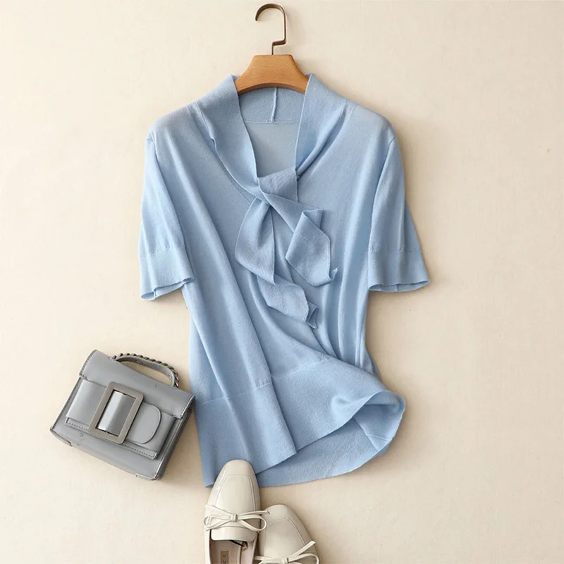 Женский кашемировый свитер вязаный с v-образным вырезом и коротким рукавом