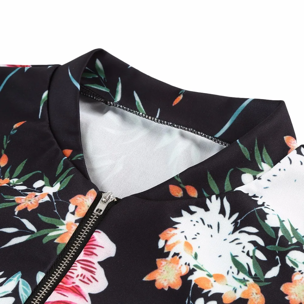 Осень Цветочный принт Куртки женские карман на молнии спереди стенд Куртка с